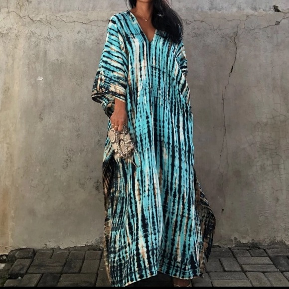 Blue Boho Tie Dye Kaftan Kimono Dress - Picture 4 of 8